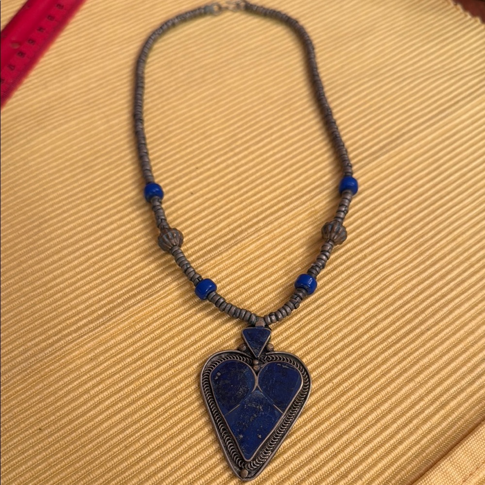 Blue and Silver Heart Pendant Necklace with Beads